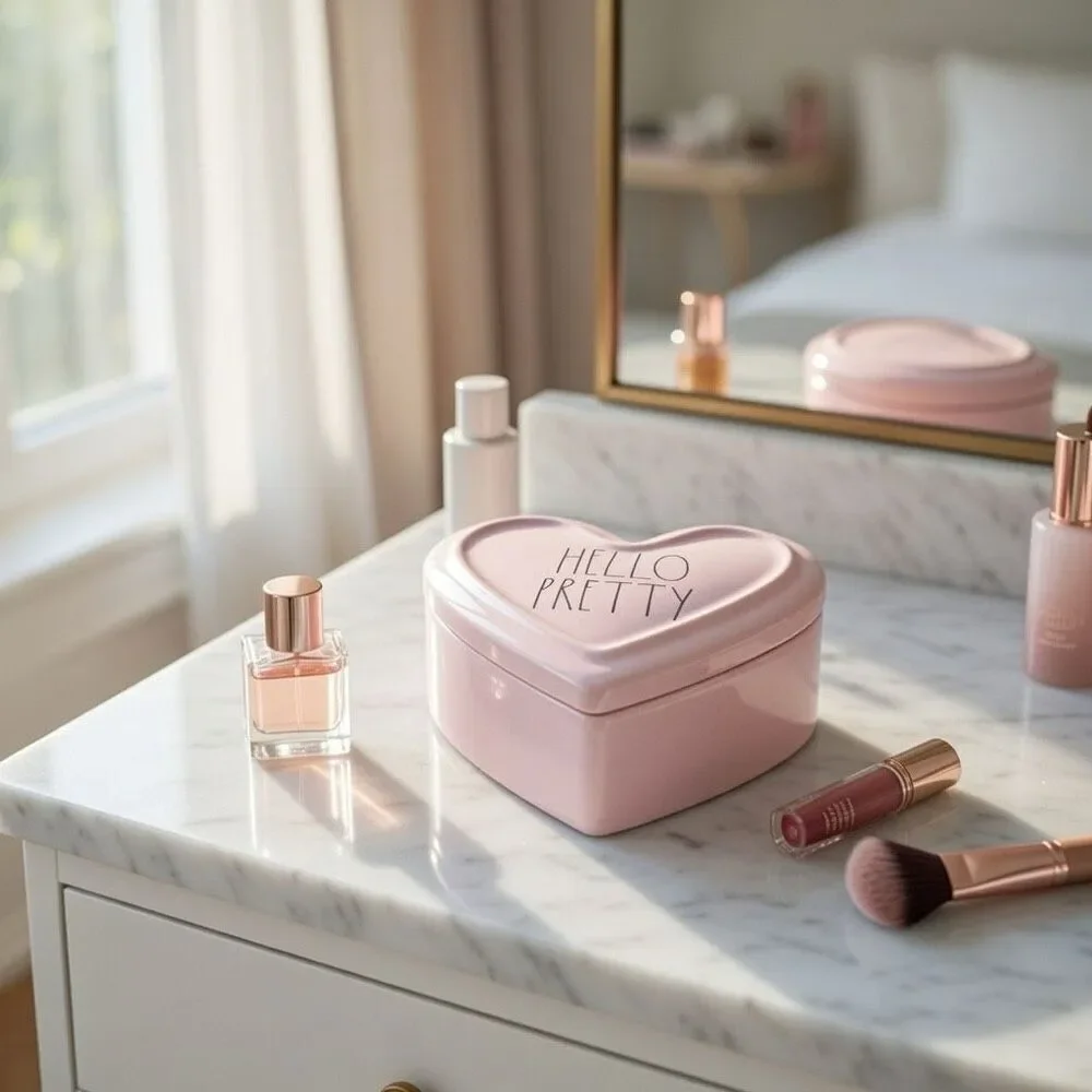 RAE Dunn HELLO PRETTY Ceramic Heart Shaped Box PINK- READ